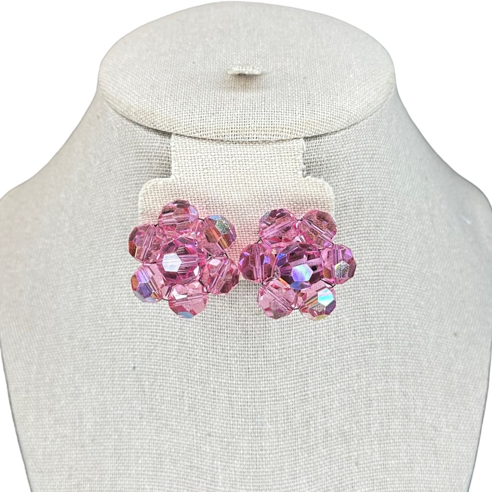 Vintage 50s Barbie Pink AB Faceted Glass Clip On Cluster Earrings